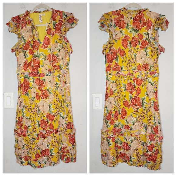 Anthropologie Dolan Silk Ellory Yellow Floral Midi flutter sleeve dress. S. New. - Picture 2 of 16